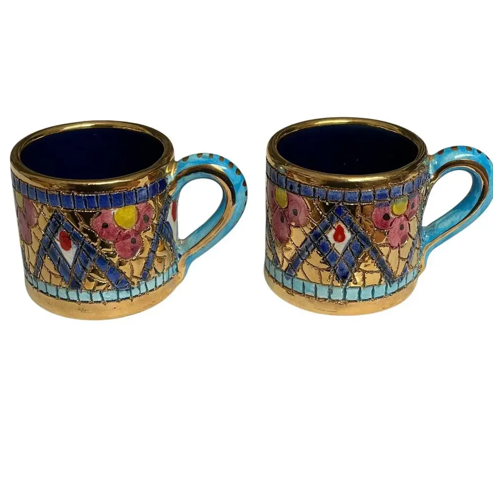 Italian Mosaic Espresso Set Byzantine Peacock Catania 24K Accent Tray Cup Sugar